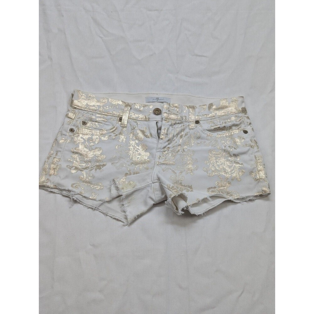 7 For All Mankind Distressed Cut Off Denim White & Gold Print Jean shorts Sz 24